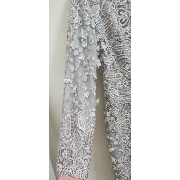 Gemy Maalouf Lace Evening Gown Light Grey Embroidered Long Sleeve Slit Front 12 - Picture 9 of 16